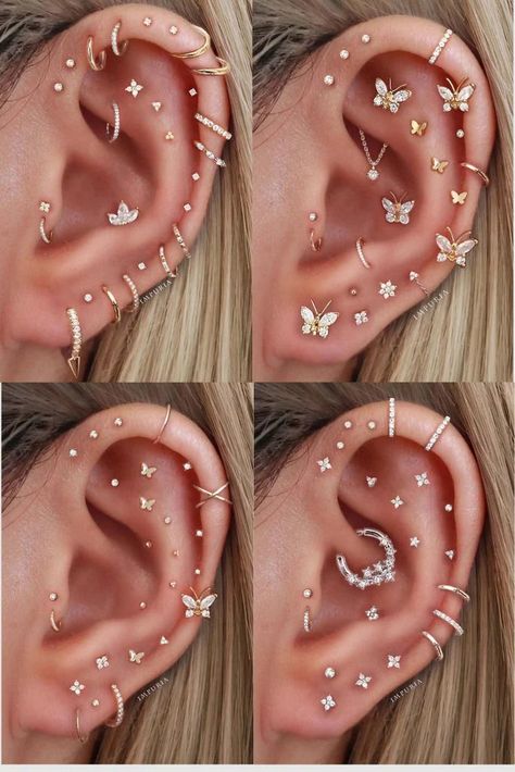 Tribal Fusion Cartilage Piercing Concepts for Females #EthnicElegance #TribalTrends #CartilageCandy #CulturalExpressions #BodyArt Cartilage Tattoo, Aesthetic Ear Piercing, Helix Stud Earrings, Impuria Ear Piercing, Ear Piercings Conch, Cartilage Hoop Earrings, Piercings Cartilage, Ear Piercings Helix, Cartilage Piercings