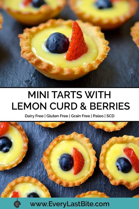 These Lemon Curd Tarts have an almond flour shell, are filled with a zesty lemon curd and topped with fresh berries. They are a great make ahead dessert and the lemon curd can be frozen up to 4 month in advance. These tarts are Paleo, Grain Free, Gluten Free, and Specific Carbohydrate Legal. Lemon Curd Tarts, Paleo Easter, Aip Sweets, Curd Tarts, Mini Lemon Tarts, Mini Tart Shells, Lemon Curd Tart, Lemon Tart Recipe, Tartlets Recipe