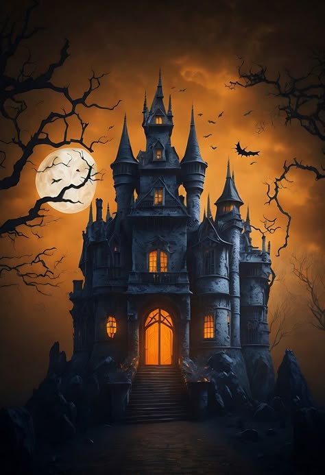 Haunted House Or Castle Pumpkin Patch Full Moon And Bats; Halloween Background#pikbest##Illustration Castle Pumpkin, Pumpkin Vector, Bats Halloween, Halloween Background, Haunted Castle, Disney Castle, Halloween Games, Halloween Backgrounds, Game Board