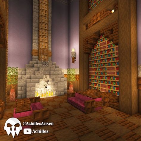 Minecraft Fire Places, Medival Interior Minecraft, Library Design Minecraft, Minecraft Mansion Interior Ideas, Hallway Ideas Minecraft, Minecraft Fancy Interior, Minecraft Ceiling Design Interior, Minecraft Foyer Ideas, Midevil Minecraft Interior