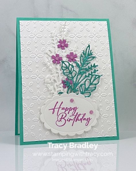 Today I'm sharing a card that was made using the Unbounded Love Bundle, the Flowers of Beauty Dies, Eyelet 3D Embossing Folder, 2024-2026 In Color Glimmer 12" x 12" Specialty Paper and 2024-2026 In Color Shimmer Gems. Diy Flower Decorations, Embossed Cards Handmade, Paper Flower Decorations, Flowers Guide, Crafts For Beginners, Flower Decorations Diy, Paper Flower Decor, Paper Craft Tutorials, Stampin Up Catalog