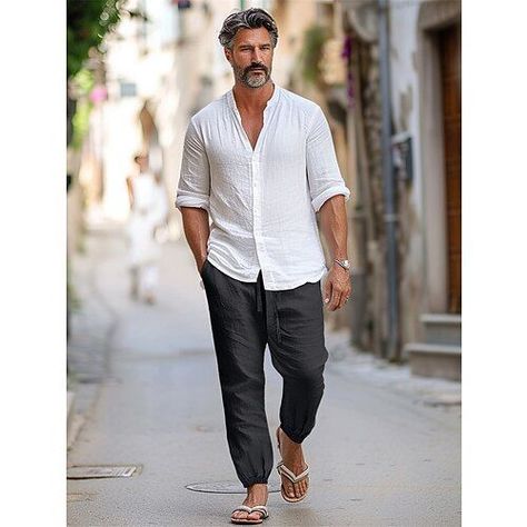 I arrived very fast I liked the MATERIAL Men’s Clothing Summer 2024, Mykonos Outfit Men, Men’s Linen Pants Style, Men’s Linen Pants, Man Summer Outfit, Linen Pants Outfit Men, Summer Pants Men, Mens Vacation Outfits, Linen Pants Style