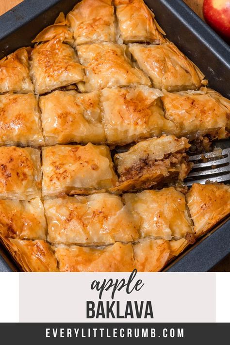 This apple baklava is layers of deliciousness. It's the easiest apple phyllo dessert with an apple walnut filling and golden phyllo dough. #applebaklava #applepie #applephyllo #phyllo #filo Philo Recipes, Apple Baklava, Phyllo Dessert, Philo Dough, Phyllo Dough Recipes, Phyllo Recipes, Crumb Recipe, Strudel Recipes, Apple Walnut