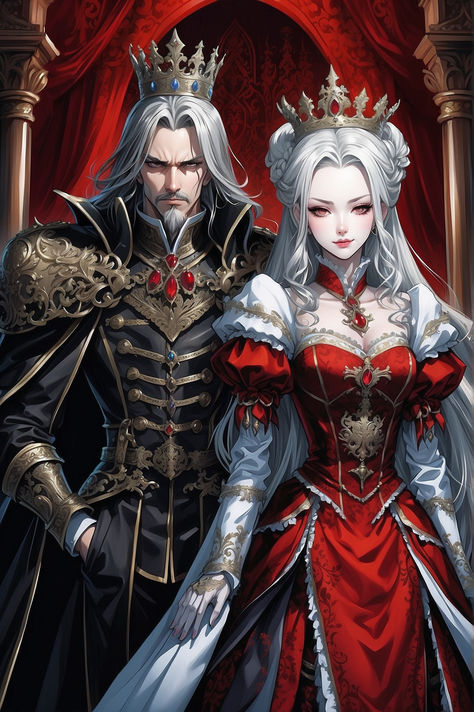 Ultra detailed illustration of a deadly queen and king, they both look evil, ultra detailed faces, focus on faces, hanted mansion environment, anime style by MSchiffer, ((Trinity Blood merged with Castlevania)) bright colors, high saturation Evil Princess, Trinity Blood, Queen Drawing, Queen Anime, Queen And King, Royal King, Vampire Art, Detailed Illustration, Evil Anime