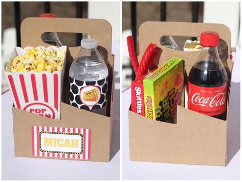 Movie Snack Box Ideas, Movie Night Centerpieces, Movie Night Birthday Party Favors, Movie Night Concessions, Movie Night Box Ideas, Movie Box Ideas, Movie Night Concession Stand Ideas, Concession Stand Party Ideas, Backyard Movie Night Birthday Party