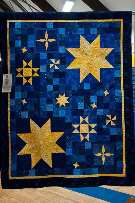 Space Themed Quilt Patterns, Space Quilts Ideas, Celestial Quilt Pattern, Space Quilt Pattern, Celestial Quilt, Night Sky Quilt, Space Baby Quilt, Moon Quilt Pattern, Starry Night Quilt