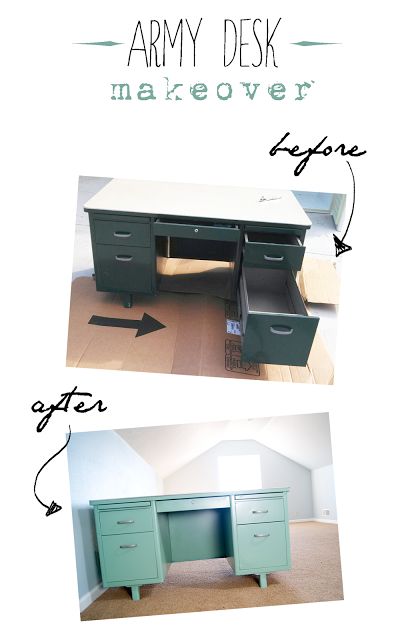 Vintage Metal Army Desk {before & after} | Averie Lane: Vintage Metal Army Desk {before & after} Painted Metal Desks, Metal Desk Makeover, Metal Office Desk, Desk Redo, Tanker Desk, Desk Metal, Desk Vintage, Vintage Metal Desk, Old Desks