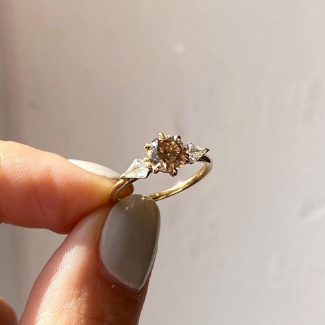 Dainty Engagement Ring Gold, Champagne Diamond Ring Engagement, Thick Band Engagement Ring, Brown Engagement Rings, Champagne Moissanite, Double Band Engagement Ring, Three Stone Wedding Ring, Brown Diamond Engagement Ring, Brown Diamond Ring