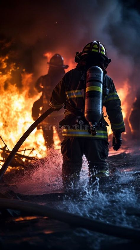 Firefighters next to a fire truck extinguishing a fire royalty free stock images Firefighter Memes, Firefighter Images, Firefighter Photography, Firefighter Brotherhood, Firefighter Workout, Girl Firefighter, Firefighter Training, Firefighter Family, Firefighter Art