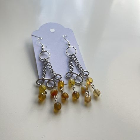 Handmade chandelier statement chain earrings with citrine stone beads 💛 Add some drama to virtually any look! Wire is made from silver plated copper. #handmade #crystaljewelry Handmade Chandelier, Citrine Stone, Accessories Jewelry Earrings, Chain Earrings, Women Accessories Jewelry, Crystal Jewelry, Stone Beads, Citrine, Women's Jewelry