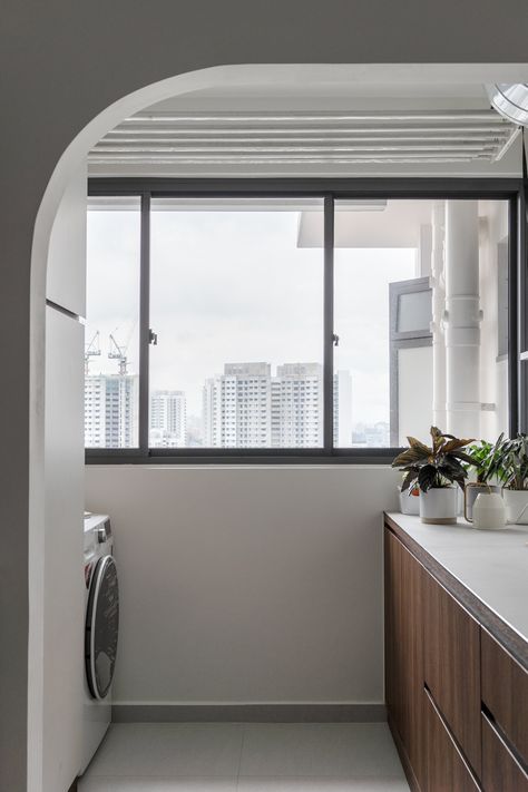 Following the flow of curves in this 4-room BTO — BuildBuilt Minimalist Bto Hdb, 4 Room Bto Kitchen Ideas, Bto 4 Room, 4 Room Bto, Singapore Renovation, Service Yard, Laundry Ideas, Laundry Cabinets, Future Kitchen