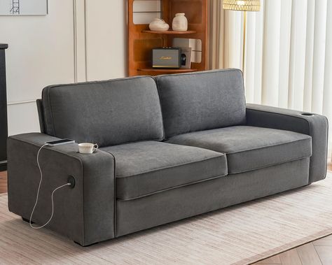 PRICES MAY VARY. Intimate detail design: This 3-seater sofa is equipped with two USB ports and two cup holders, allowing you to conveniently charge your devices and enjoy your drink while relaxing on the sofa, worry-free about spills or stains. Oversized Sofa: Crafted for ultimate comfort, this sofa boasts a generous 89'' width and 23'' depth, providing ample space for you to relax and stretch out. Nestle into its plush cushions and feel the day's worries drift away. Comfortable Backrest and Cus Grey 2 Seater Sofa, Sofas For Living Room, Oversized Sofa, Charcoal Sofa, Deep Seat Sofa, Spacious Sofa, Living Room Furniture Styles, Living Room Size, Cozy Sofa