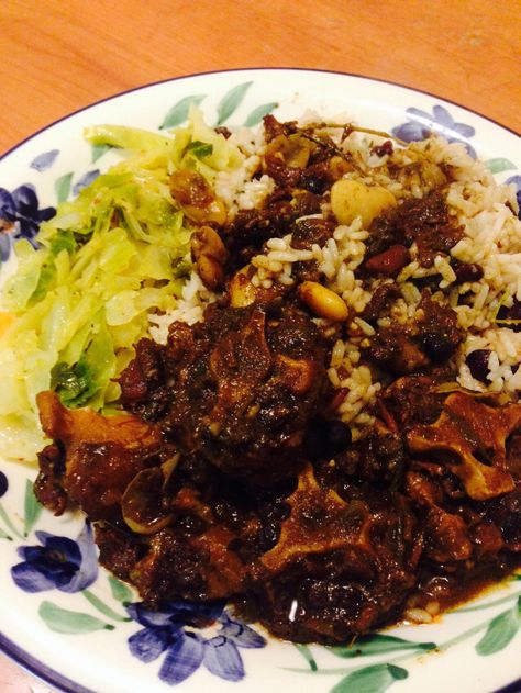 Oxtail with rice and peas, and cabbage Rice And Peas, Peas, Rice, Meat, Drinks