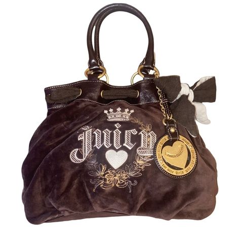 Juicy Couture Shoulder Bag Purse Brown Leather Brown Velour Vintage Y2K Fashion Brown Juicy Couture Bag, Vintage Juicy Couture Bags, Actual Y2k, Dream Purse, Thrift Manifestation, Bag Tour, Brown Y2k, Juicy Couture Shoes, Juicy Couture Purse