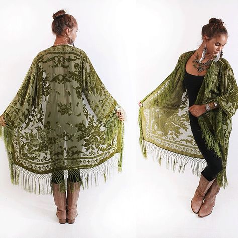 Vtg 70s Olive Green Floral Burnout Velvet Kimono Green Kimono Outfit, Stevie Nicks Costume, Magic Clothes, Green Kimono, Kimono Outfit, Velvet Kimono, Estilo Hippie, Burnout Velvet, Cape Jacket