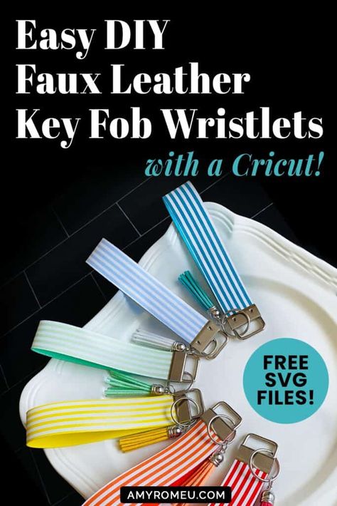 Want to make easy Cricut Faux Leather Key Fob Wristlet keychains? Full tutorial and free SVG keychain templates for this fun DIY at amyromeu.com Faux Leather Lanyard Diy, Key Fob Svg Free, Leather Wristlet Keychain Diy, Key Fob Wristlet Diy, Faux Leather Cricut Projects, Faux Leather Cricut, Diy Leather Keychain, Leather Cricut, Faux Leather Crafts