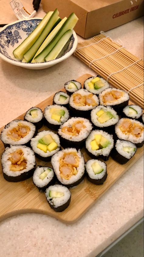 Mini Sushi Rolls, Mini Sushi, Homemade Sushi Rolls, Cucumber Rolls, Mango Avocado, Mini Cucumbers, Homemade Rolls, Shrimp Tempura, Homemade Sushi