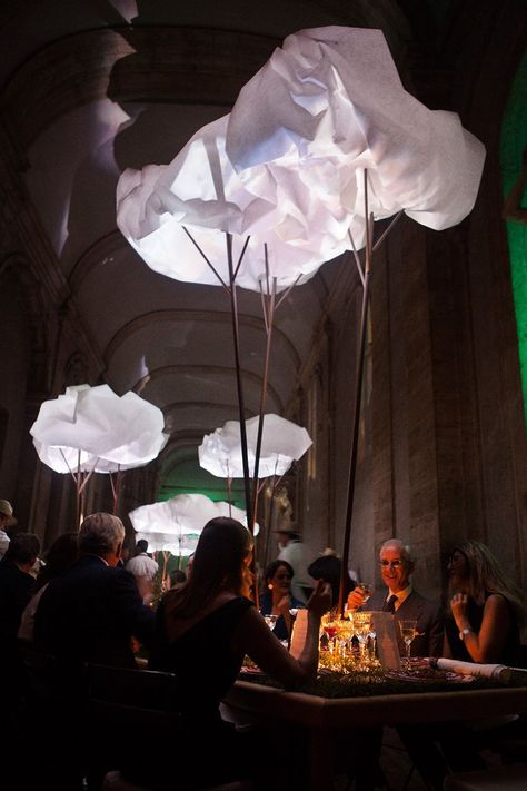 coudamy architectures creates a paper cloudscape in rome for Hermès dinner Palazzo Farnese, Urban Spaces Design, Paper Clouds, Fabric Installation, Cloud Theme, Paper Installation, Beautiful Tablescapes, Dinner Event, Event Design Inspiration