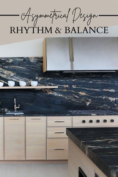 blonde oak cabinetry, black slab backsplash, off center stainless steel hood, asymmetrical kitchen Asymmetrical Kitchen Cabinets, Asymmetrical Kitchen, Real Kitchen, Dark Kitchen, Kitchen Paint, Asymmetrical Design, Eclectic Style, White Kitchen, Kitchen Ideas