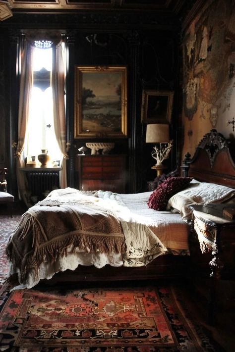 Vampire Gothic Room, 1930 Bedroom Ideas, Victorian Desk Aesthetic, Moody Gothic Bedroom, Gothic Dressing Room, 40s Room Aesthetic, Dark Rooms Aesthetics, Whimsy Goth Home Aesthetic, Vintage Gothic Bedroom