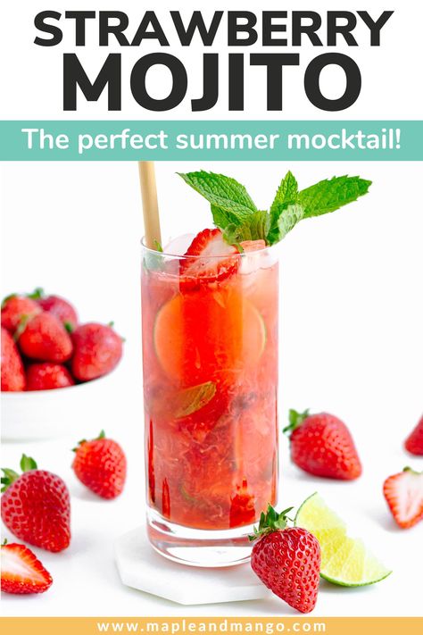 Looking for a super refreshing and delicious drink to enjoy this summer? Then you need to try this Strawberry Mojito Mocktail! It's the perfect blend of sweet strawberries, zesty lime, fresh mint and a fizzy splash of soda water. This non-alcoholic strawberry mojito recipe includes both a muddled version and blender version to try. | www.mapleandmango.com Strawberry Mojito Mocktail, Mango Mojito Recipe, Strawberry Slushie, Strawberry Mojito Recipe, Summer Mocktail, Mojito Drink, Mojito Mocktail, Wine Spritzer, Strawberry Mojito