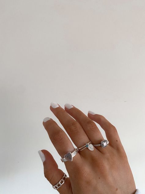 Silver Rings Aesthetic Women, Rings Stacked Silver, Designer Silver Rings, Silver Ring Astethic, Lots Of Silver Rings, Silver Rings Hand, Get Back Jewelry, Dope Jewelry Silver, Designer Jewelry Silver