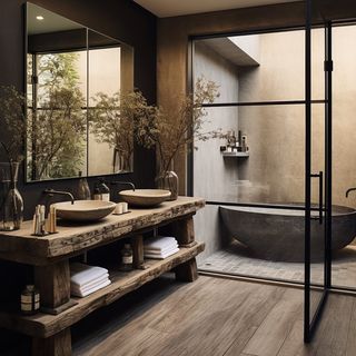 PineHouse (@pinehouse.design) • Fotos y vídeos de Instagram Wabi Sabi Bathroom, Japanese Bathroom, Wabi Sabi Interior, Industrial Bathroom, Bad Inspiration, Bathroom Design Inspiration, Steamboat Springs, Bathroom Inspiration Decor, Bathroom Spa