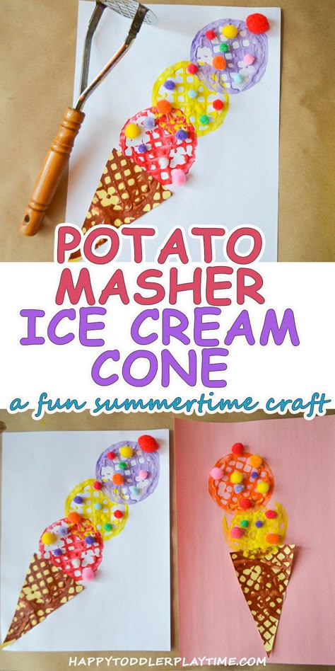 Potato Masher Ice Cream Craft – HAPPY TODDLER PLAYTIME Ice Cream Cone Craft, Ice Cream Craft, Ice Cream Crafts, Summertime Crafts, Pom Crafts, Ice Cream Art, Ice Cream Theme, Potato Masher, Summer Crafts For Kids