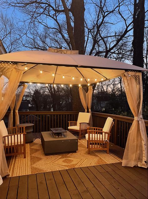 Deck set up with globe lights, fire table, gazebo patio tent Gazebo On Balcony, Gazebo Tent Ideas Backyard, Tent Gazebo Ideas Backyards, Backyard Canopy Ideas Gazebo, Deck Tent Ideas, Outdoor Tent With Lights, Back Deck Gazebo Ideas, Gazebo With Fairy Lights, Deck Sitting Area Ideas