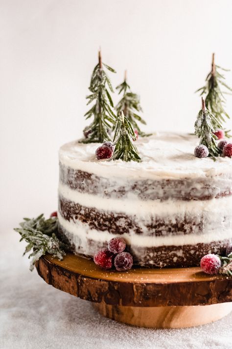 Gingerbread Cake with Mascarpone Cream Cheese Frosting - Prepare to wow your guests with this show-stopping holiday dessert! Made with the creamiest frosting, smoothed out between three layers of deeply-flavored gingerbread cake! Add some simple sugared cranberries + fresh rosemary for trees to complete this winter wonderland cake. #gingerbread #cake #gingerbreadcake #holidaydessert #christmasdessert #sugaredcranberries #rosemarytrees #holidaydessert #holidaybaking | ... Christmas Heart Cake, Scandinavian Cake, Cake With Mascarpone Cream, Winter Torte, Cake With Mascarpone, Winter Cakes, Winter Wonderland Cake, Holiday Desserts Christmas, Wonderland Cake