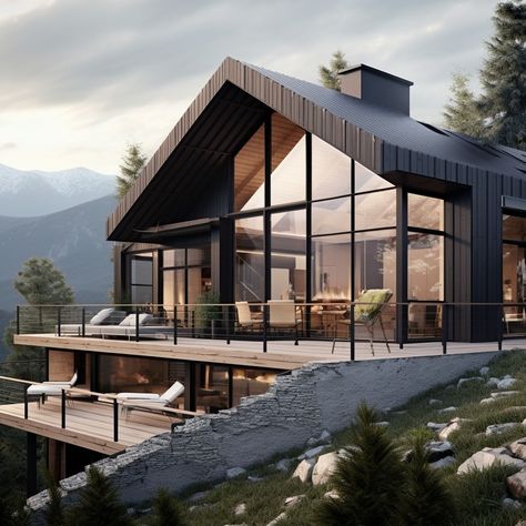 Guest houses in the mountains with swimming pools and terraces House In Mountains, Houses In The Mountains, Dark Modern House, Modern Chalet, Camp House, Chalet Design, Dark Modern, House Facade, Guest Houses