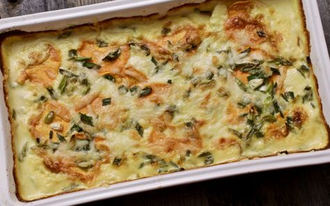 Sweet Potato and Poblano Gratin | Life At The Table Poblano Casserole, Growing Sweet Potatoes, Poblano Peppers, Recipes For Thanksgiving, Dinner Side, Dinner Side Dishes, Stuffed Poblano Peppers, Ooey Gooey, Christmas Menu