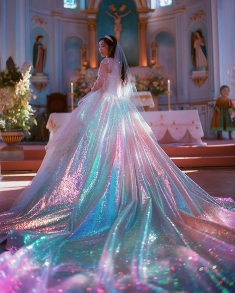 Iridescent Veil, Iridescent Wedding Dress, Iridescent Aesthetic, Neon Gods, Iridescent Wedding, Cotton Candy Dress, Unicorn Wedding, Understood The Assignment, Iridescent Dress