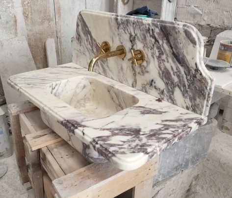 Bathroom Sink Backsplash, Marble Sink Bathroom, Sink Backsplash, Backsplash Marble, Calacatta Viola Marble, Viola Marble, Calacatta Viola, Marble Sink, Marble Backsplash