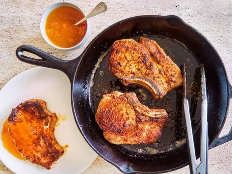 Skillet-Fried Pork Chops with Peach Jam Recipe | Saveur Jam Pork Chops, Peach Pork Chops, Peach Jam Recipe, Tender Pork Chops, Glazed Pork Chops, Chicken Tortillas Soups Recipe, Homemade Barbecue Sauce, Fried Pork Chops, Peach Jam