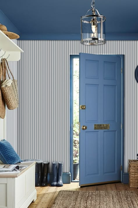 A clean and classic textural stripe inspired by country farmhouse style, Farnworth Stripe provides effortless charm. 100% Paper. Blue Ceilings, Country Farmhouse Style, Boot Room, Wallpaper Trends, Chic Interior, Wallpaper Direct, Striped Wallpaper, Blue Wallpaper, Vinyl Wallpaper