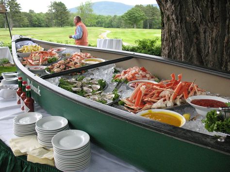 Get creative -- serve your cold items from a well-iced canoe Wedding Canoe, Cheap Wedding Food, River Restaurant, Cold Buffet, Buffet Decor, Party Food Buffet, Camp Wedding, Food Displays, Buffet Food