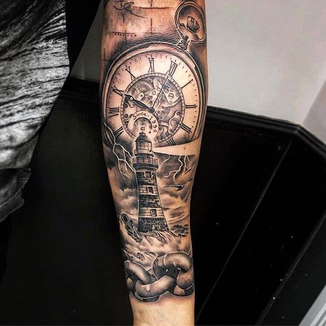 Lighthouse And Compass Tattoo, Lighthouse Tattoo Men, Lighthouse Tattoo Design, Rays Tattoo, Arrow Forearm Tattoo, Travel Tattoo Ideas, Nautical Tattoo Sleeve, Navy Tattoos, Husband Tattoo