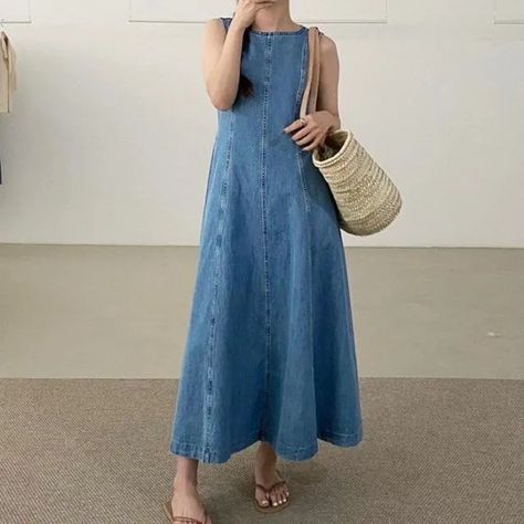 Jesong - Sleeveless Crew Neck Denim Maxi Smock Dress | YesStyle Fit Checks, Denim Maxi, Smock Dress, Denim Dress, Smocking, Blue Denim, Sleeveless Dress, Checks, Round Neck