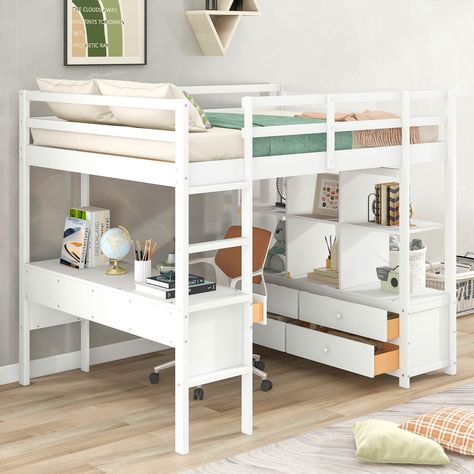 Full Loft Bed, Full Size Loft Bed, Trundle Bed With Storage, Loft Bed With Desk, Solid Wood Bed Frame, Loft Bed Frame, Bed With Desk, Twin Size Loft Bed, Bed Storage Drawers