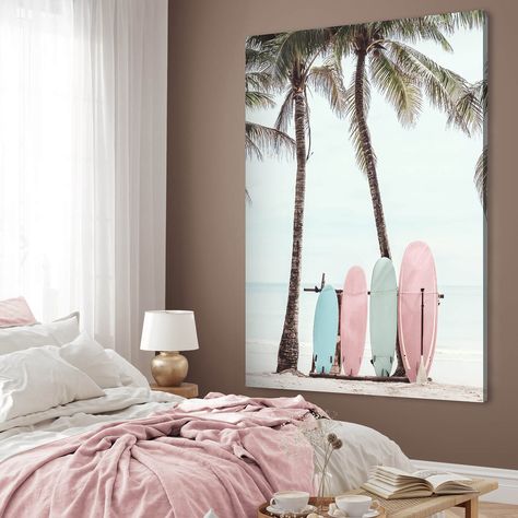 Surfboards aestheticLovely Wall absorber with a photograph of surfboards in pastel colors with palm trees in the background. This Photo Art brings a happy feeling to the room, making it a place of positivity and energy.