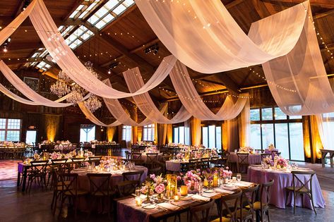 "Depending on the barn and your guest size, sometimes a barn can feel cavernous due to high ceilings. Soften the edges by bringing down the ceilings by hanging fabric. This helps with sound/acoustics and makes the room feel more intimate."     - Maya Katz, Partner, Alimay Events     Venue is Cedar Lakes Estate Rustic Wedding Showers, Barn Wedding Reception, Rustic Wedding Reception, Barn Wedding Decorations, Rustic Wedding Bouquet, Rustic Wedding Diy, Rustic Wedding Flowers, Barn Decor, Rustic Wedding Venues