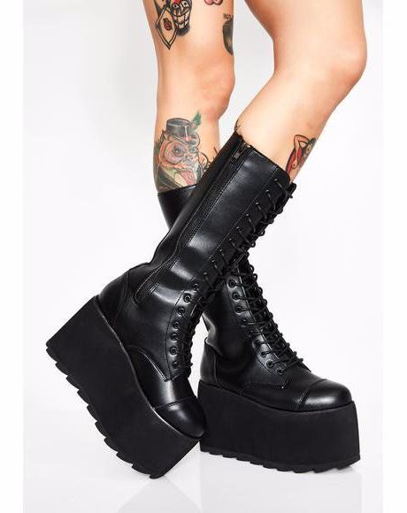 Obsidian Pocket Combat Boots #shoe #shoes #womenshoes Gothic Platforms, Boots Rainbow, Hunter Ankle Boots, Digital City, Knee High Combat Boots, Yru Shoes, Knee Boots Outfit, Fuzzy Boots, Pointed Boots