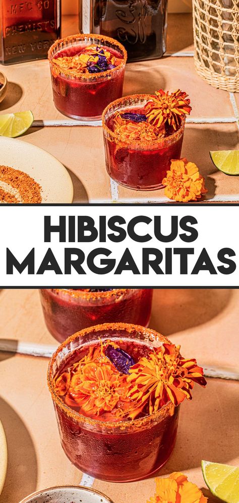 Cheers to Hibiscus Margaritas, which feature notes of hibiscus flowers that are fresh, fruity and floral. The homemade hibiscus simple syrup takes this cocktail to another level - and so easy to scale the recipe up for a party! #hibiscusmargaritas #margaritarecipes Hibiscus Dessert Recipe, Hibiscus Syrup Drink Recipes, Spicy Hibiscus Margarita, Dried Hibiscus Flower Recipes, Hibiscus Margarita Recipe, Hibiscus Flower Recipes, Hibiscus Simple Syrup Recipe, Hibiscus Flower Drink, Hibiscus Martini