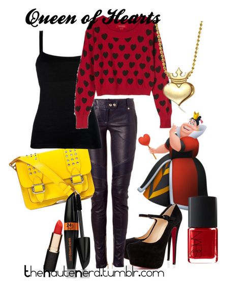 "Queen of Hearts" by lizamazoo ❤ liked on Polyvore featuring Christian Louboutin, Balmain, Rebecca Minkoff, Valentino, Alex Woo, COVERGIRL, Mimco, alice in wonderland, disney and nerd Queen Of Hearts Outfit Ideas, Queen Of Hearts Outfit, Outfit Ideas Casual Summer, Hearts Outfit, Alice In Wonderland Outfit, Disney Costume, Lizzie Hearts, Queen Of Hearts Costume, Outfit Ideas Casual