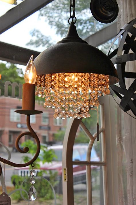 Diy Medal, Shed Conversion Ideas, Applique Projects, Hallway Chandelier, Vintage Crystal Chandelier, Oak Trim, Industrial Light, Vintage Industrial Decor, Industrial Chandelier