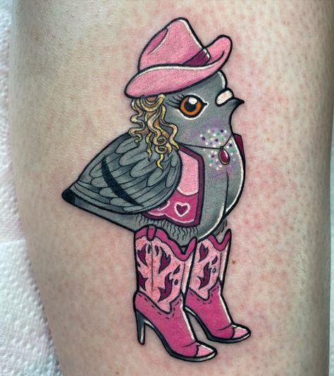 Pink Traditional Tattoo, Quirky Tattoos, Pigeon Tattoo, Trippy Tattoo, Cowgirl Tattoos, Traditional Tattoo Inspiration, Medieval Tattoo, Kawaii Tattoo, Pin Up Tattoos