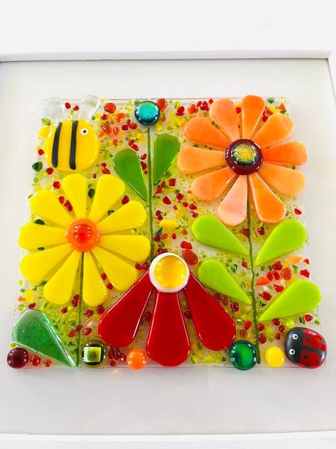 Fused Glass Sunset, Fused Glass Panel, Floral Rainbow, Fused Glass Plates, Glass Fusion Ideas, Fused Glass Artwork, Glass Fusing Projects, Wall Art Size, Stained Glass Window Hanging