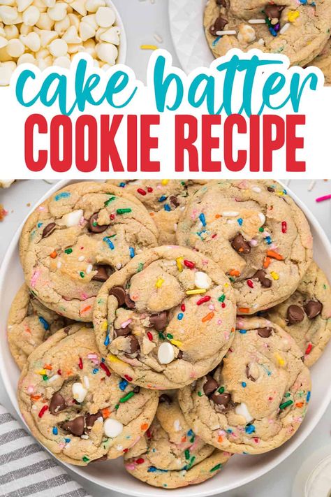 These cake batter cookies are loaded with chocolate chips and sprinkles for a fun treat with crispy edges and super chewy centers. Christmas Cake Batter Cookies, How To Make Cookies With Cake Batter, Chocolate Cake Batter Cookies, Cake Batter Crumble Cookie, Cookie Batter Recipe, Cake Batter Cookies Recipe, Cake Batter Cookie Dough, Strawberry Cake Mix Cookies, Cake Batter Cookies