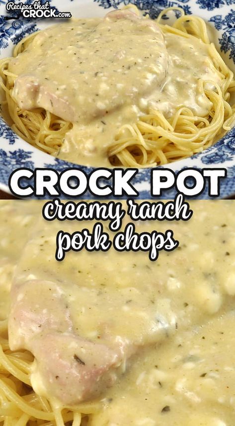 The sauce for these Creamy Ranch Crock Pot Pork Chops is so flavorful and absolutely amazing over a bed of angel hair pasta! via @recipescrock Crockpot Pork Chop Recipes, Boneless Pork Chops Crock Pot, Sides For Pork Chops, Crock Pot Pork Chops, Ranch Pork Chops Crock Pot, Beef Casseroles, Crockpot Pasta Recipes, Crock Pot Pork, Crockpot Pasta